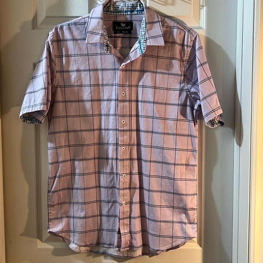 BUTTERCLOTH - Mens XL slim fit Plaid Shirt 100% cotton stretchy shirt